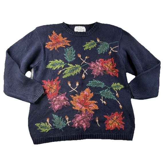 Chrysantheme Sweaters - Hand Knit Sweater Womens L Navy Blue Floral Heavy Pullover Heavy Grandma Boho